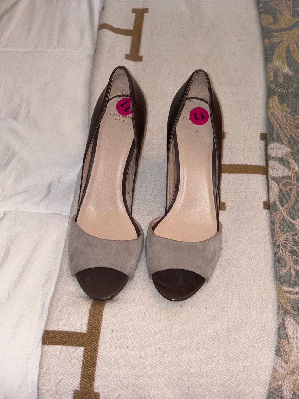 Cole Haan Two-Tone Peep Toe Pumps in Taupe and Dark Brown